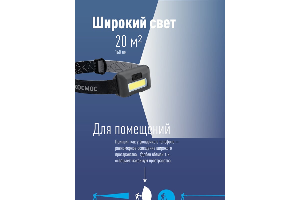 Светодиодный налобный фонарь КОСМОС KOC-H101-COB 3Вт СОВ. 3 режима работы,  супер яркий, экономичный, мигающий 511073