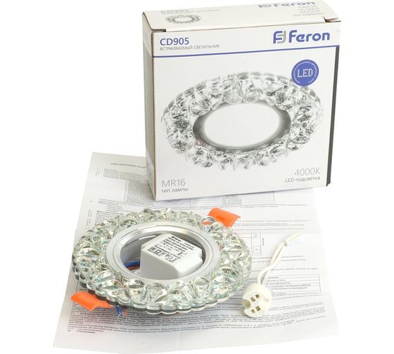 Потолочный светильник FERON встраиваемый с белой LED подсветкой 15LED 2835 SMD 4000K, MR16 50W G5.3, белый, хром, CD905 28848