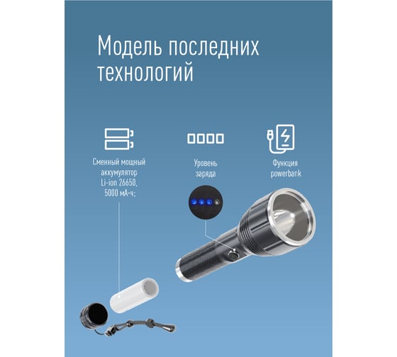 Ручной аккумуляторный фонарь КОСМОС 20Вт/съемный Li-ion 26650 5000mAh/Powerbank/алюминий/индикатор/USBtypeC KOC130Lit