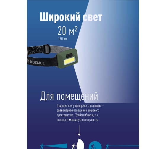 Налобный фонарь КОСМОС 3ВтCOBLED/3xAAA (R03) в комплекте/корпус ABS-пластик KOC520B