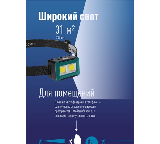 Налобный фонарь КОСМОС 4ВтCOBLED/3xAA/корпус ABS-пластик KOC519B