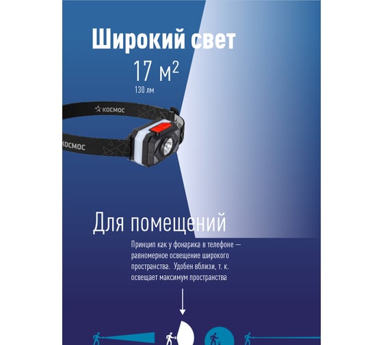 Налобный аккумуляторный фонарь КОСМОС 2Вт+2ВтSMD теплый широкий свет/Li-ion14500 500mAh/ABSпластик/USBtypeC KOC511Lit