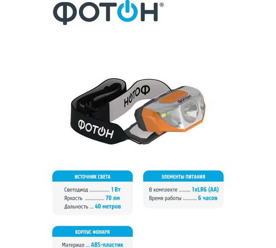 Налобный светодиодный фонарь ФОТОН SH-400 1хLR6 в комплекте 23062