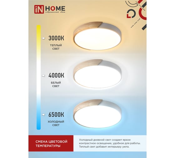 Светодиодный светильник IN HOME scandy wood-120rcw, 120Вт, 230В, 3000-6500k, 9600Лм, 500x50мм, с пультом ду, белый, 4690612047157