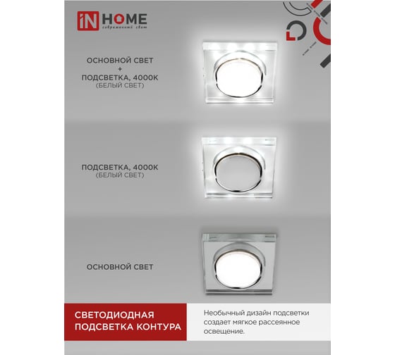 Встраиваемый светильник IN HOME gx53r-glass smr-l квадрат, с подсветкой 4к, под gx53, зеркальный 4690612044286