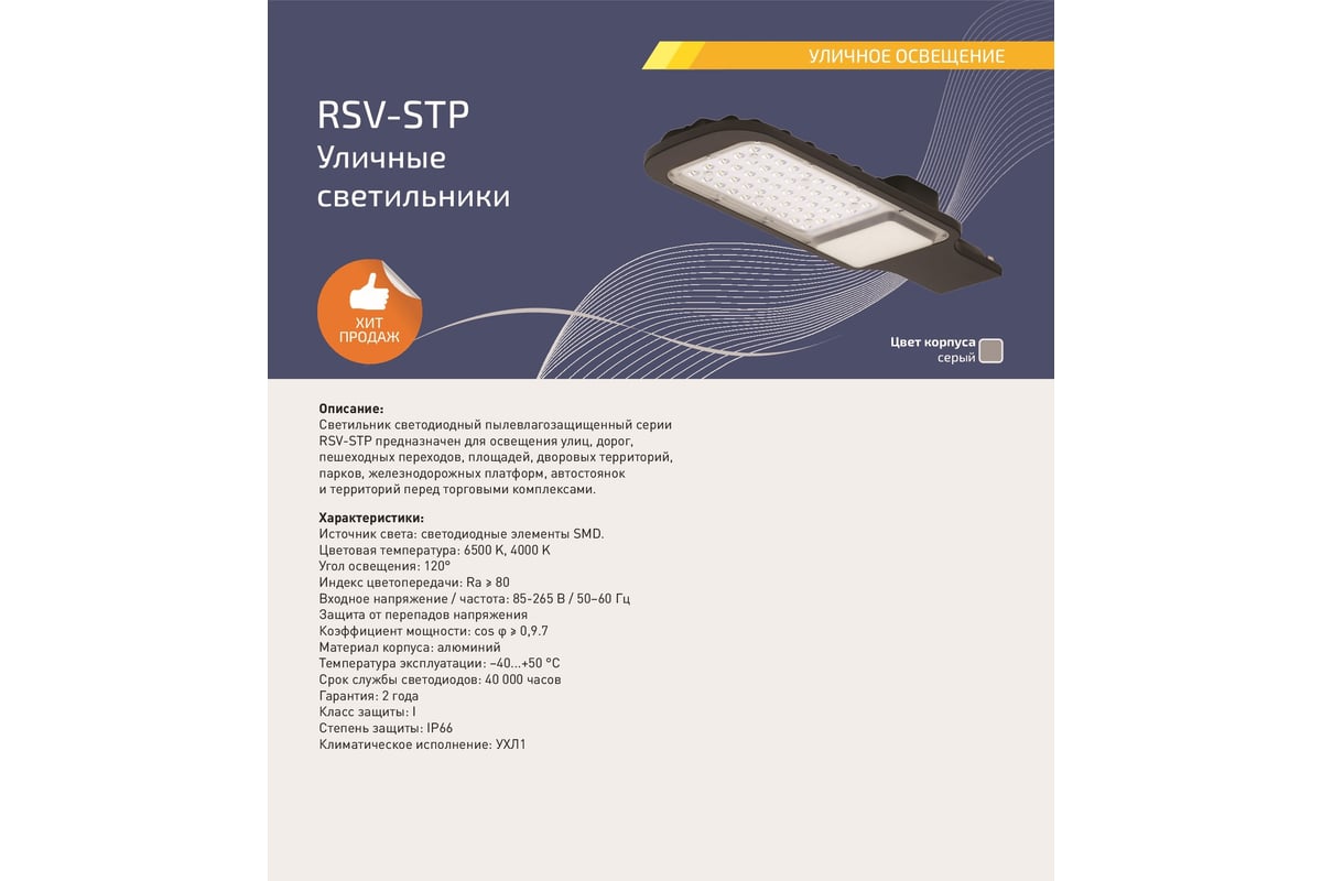 Уличный консольный светильник RSV RSV-STP-100-6500K-IP66 100089