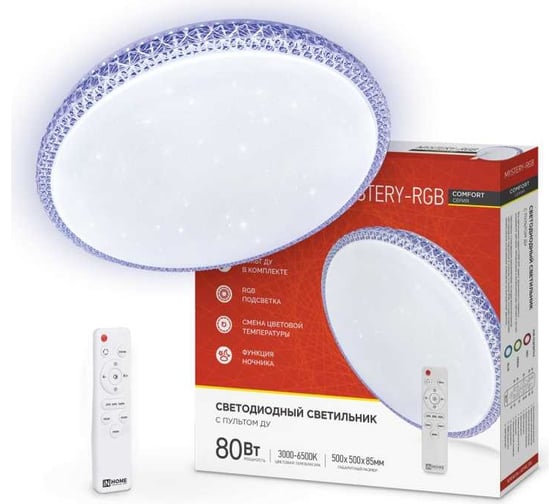 Светодиодный светильник IN HOMECOMFORT MYSTERY-RGB 80Вт, 230В, 3000-6500K, 6000Лм, 500x80мм, с пультом ДУ 4690612035185