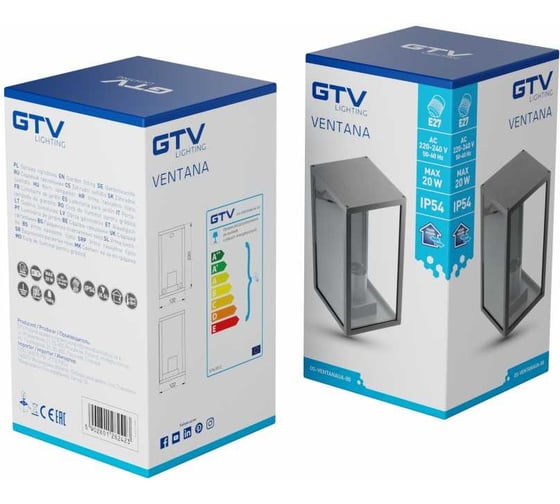 Садовый светильник GTV VENTANA-AU,E27, макс. 20Вт, IP54, AC220-240В, 50-60Гц, бра прямое верхнее, черный, OS-VENTANAUA-00