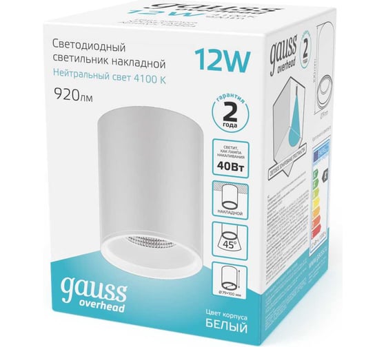 Накладной светильник Gauss Overhead 12W 920lm 4100K 79х100мм цилиндр белый LED HD011