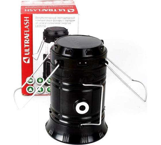 Аккумуляторный фонарь Ultraflash LED5156 (220В, солн. пан, USB, кемп, 1/6 LED, 4В 350мА-ч, пласт, черный) 14334 1