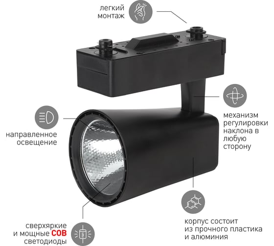Светодиодный однофазный трековый светильник ЭРА tr4 20 bk 20вт, черный cob Б0032166