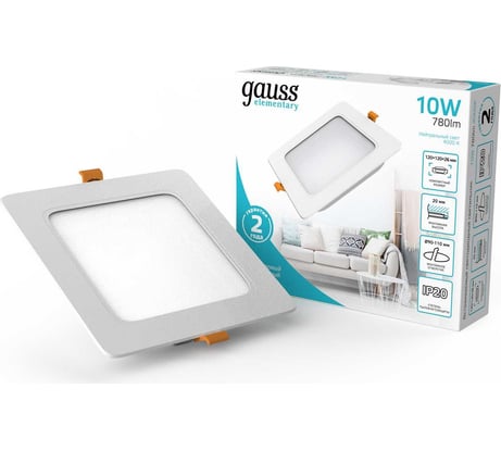 Светильник Gauss elementary downlight квадрат 10w 780lm 4000k 170-260v ip20 120×26 монтаж белый led 998420209