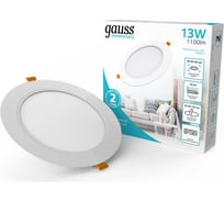 Светильник Gauss elementary downlight круг 13w 1100m 4000k 170-260v ip20 145х26 монтаж белый led 1/6 997420212
