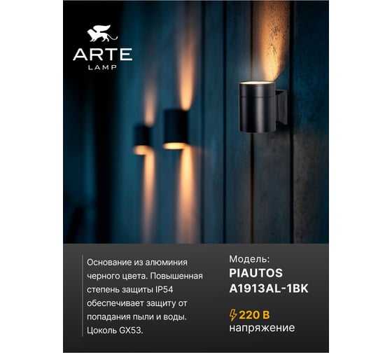 Фасадный светильник ARTE LAMP PIAUTOS A1913AL-1BK