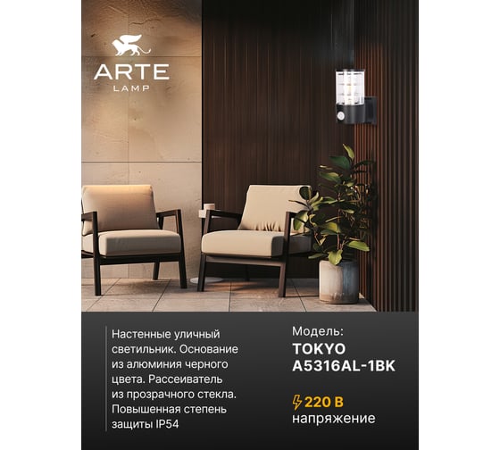 Уличный настенный светильник ARTE LAMP TOKYO A5316AL-1BK