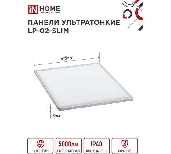 Светодиодная ультратонкая панель IN HOME LP-02-SLIM 50Вт 4000К 5000Лм 595х595х8мм без ЭПРА IP40 4690612031248