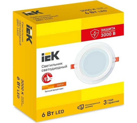Светильник LED IEK ДВО 1620 со стекл. круг 6Вт 3000К IP20 LDVO0-1620-06-3000-K01