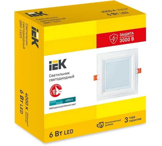 Светильник LED IEK ДВО 1623 со стекл. квадр. 6Вт 4000К IP20 LDVO0-1623-06-4000-K01