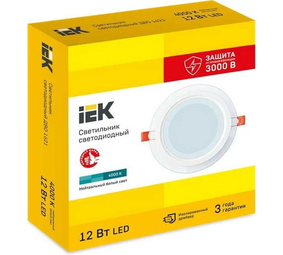 Светильник LED IEK ДВО 1621 со стекл. круг 12Вт 4000К IP20 LDVO0-1621-12-4000-K01