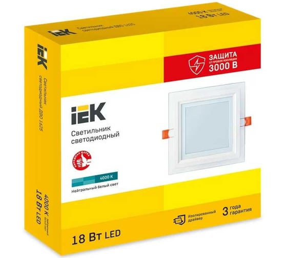 Светильник LED IEK ДВО 1625 со стекл. квадр. 18Вт 4000К IP20 LDVO0-1625-18-4000-K01