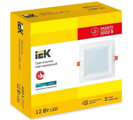Светильник LED IEK ДВО 1624 со стекл. квадр. 12Вт 4000К IP20 LDVO0-1624-12-4000-K01