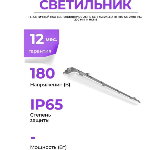 Герметичный светильник IN HOME под светодиодную лампу ССП-458 2xLED-Т8-600 G13 230В IP65 600мм 4690612032610