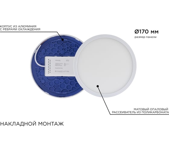 Светодиодная накладная панель APEYRON 220В, 18Вт, CRI:80Ra, 1440Лм, Ф170мм, круглая 06-64