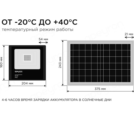 Прожектор светодиодный Apeyron c солнечной панелью 6 В, 30 Вт / 05-34