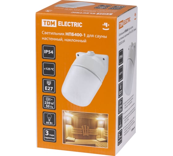 Настенный светильник для сауны TDM ELECTRIC НПБ400-1, IP54, 60 Вт, белый, наклонный SQ0303-0049