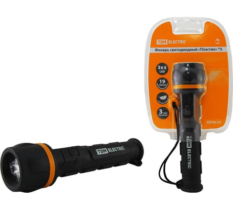 Фонарь TDM ELECTRIC светодиодный, пластик, обрезиненный, 3 светодиода, 9 лм/Вт, батарейки 2xAA SQ0350-0014