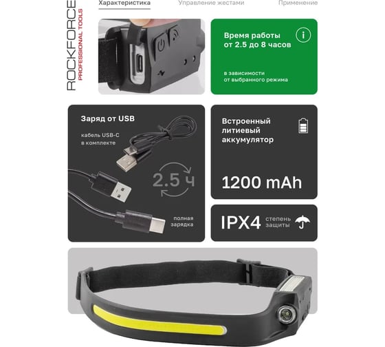 Налобный ударопрочный фонарь Rockforce (3-4.5V, 3W, IPX4) RF-JBEL9906(57860)