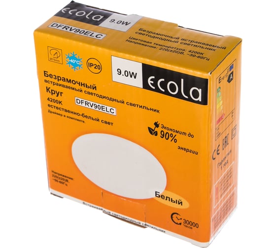 Встраиваемый светильник Ecola LED downlight Круглый безрамочный даунлайт с драйвером 9W 220V 4200K 90x30 DFRV90ELC