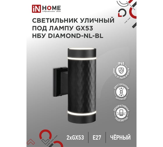 Светильник уличный настенный двусторонний IN HOME НБУ DIAMOND-2хGX53-NL-BL алюм под 2хGX53 черн IP54 4690612051635