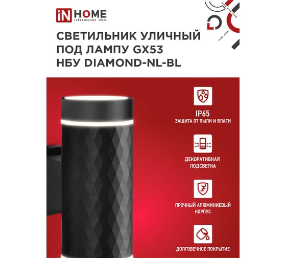 Светильник уличный настенный двусторонний IN HOME НБУ DIAMOND-2хGX53-NL-BL алюм под 2хGX53 черн IP54 4690612051635
