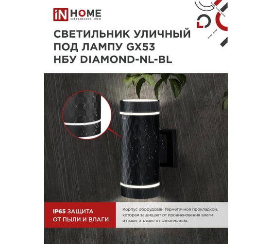 Светильник уличный настенный двусторонний IN HOME НБУ DIAMOND-2хGX53-NL-BL алюм под 2хGX53 черн IP54 4690612051635
