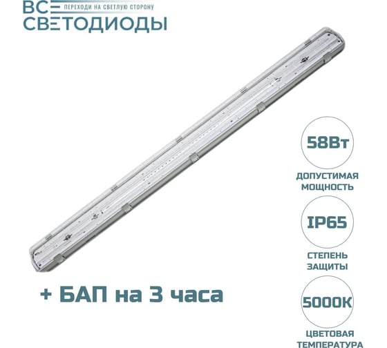 Аварийный светодиодный светильник ВСЕСВЕТОДИОДЫ Айсберг 58Вт, 7250Lm, IP65, 5000-5500К, Прозрачный с БАП на 3 часа vs102m-58-tr-5k-li3h