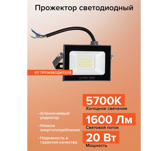 Светодиодный прожектор Lumin'arte LED 20Вт 5700K Холодный белый свет 800 Лм черный IP65 LFL-20W/05