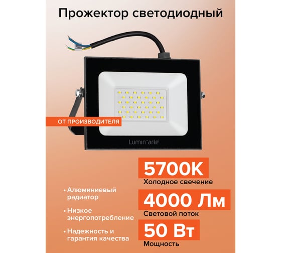 Светодиодный прожектор Lumin'arte LED 50Вт 5700K холодный белый свет 3750лм черный IP65 LFL-50W/05