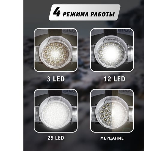 Фонарь Navigator, NPT-H01-3AAA, налобный, 4 режима, 25LED 94946