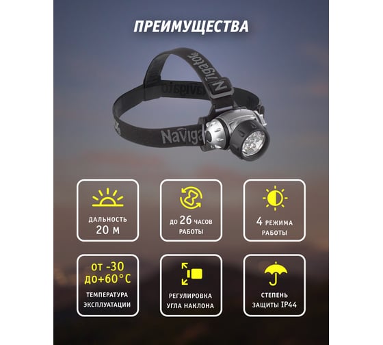 Фонарь Navigator NPT-H04-3AAA, налобный, 4 режима, 7LED, блистер 94916