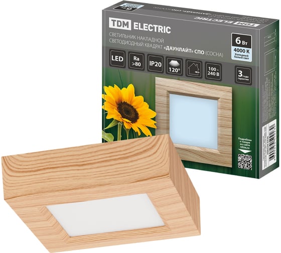 Светильник накладной светодиодный TDM ELECTRIC квадрат "Даунлайт" СПО (сосна) 6 Вт 120*120*32 мм 4000К SQ0329-0446 1