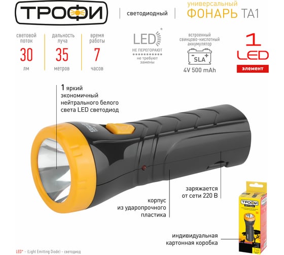 Светодиодный аккумуляторный ручной фонарь Трофи TA1 4V0.5Ah, 1xLED Б0005797