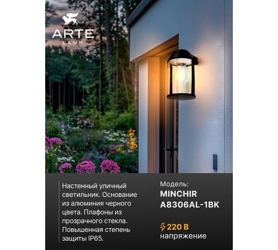 Уличный настенный светильник ARTE LAMP MINCHIR A8306AL-1BK