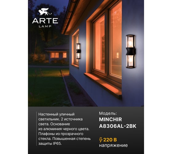 Уличный настенный светильник ARTE LAMP MINCHIR A8306AL-2BK