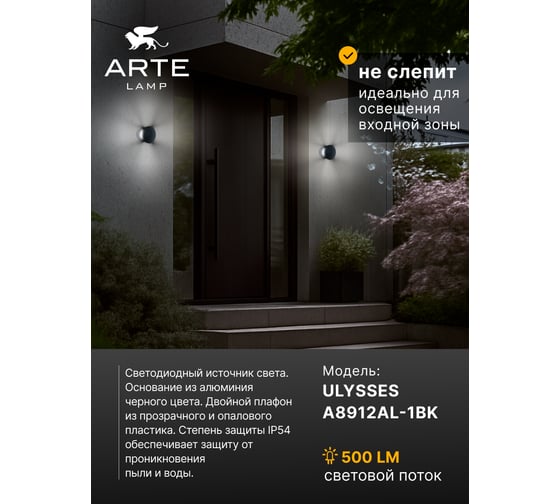 Уличный настенный светильник ARTE LAMP ULYSSES A8912AL-1BK