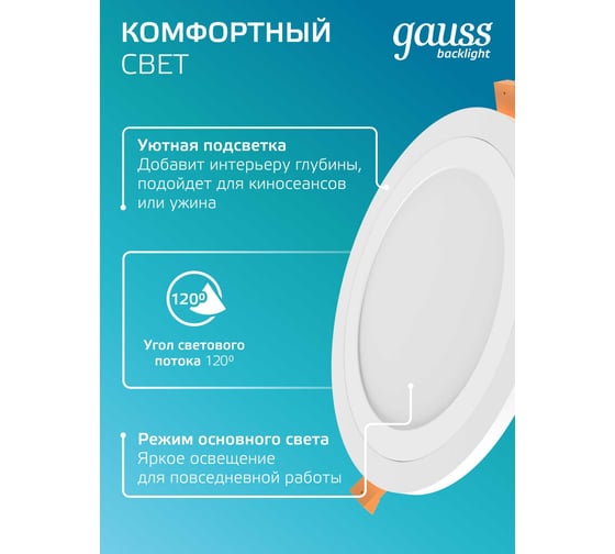 Светильник Gauss Backlight Кругл. 12+4W, LED 4000K, 960лм,190х31мм,Ø170, 1/20 BL119