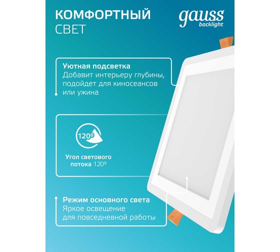 Светильник Gauss Backlight квадрат12+4W, LED 4000K, 960лм,190х190x31мм,Ø170, 1/20 BL125
