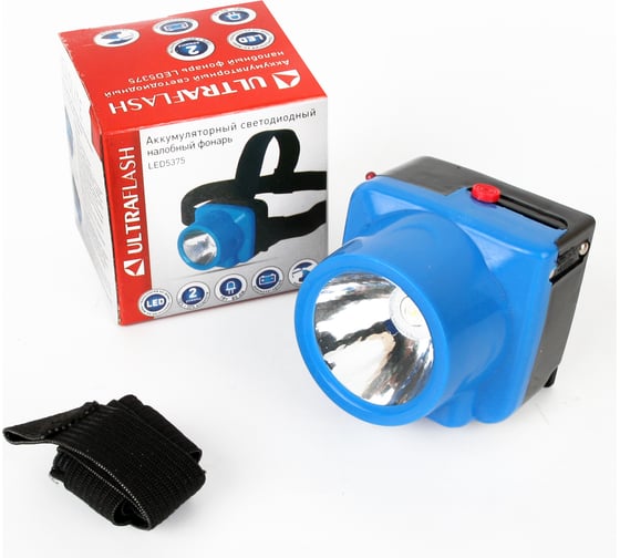 Аккумуляторный налобный фонарь Ultraflash LED5375 220В, голубой, 1 Ватт LED, 2 режима, пластик, бокс 14252