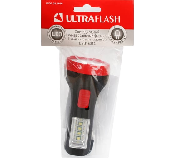 Фонарь Ultraflash LED16014 черный, 1 + 4SMD LED, 2 режима, 1XR6, пластик, блист-пакет 14253