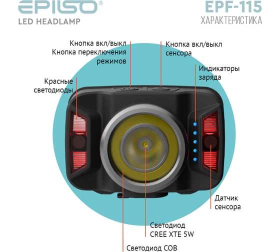 Фонарь налобный Epilso CREE XTE 5W+COB 330 Lm EPF-115